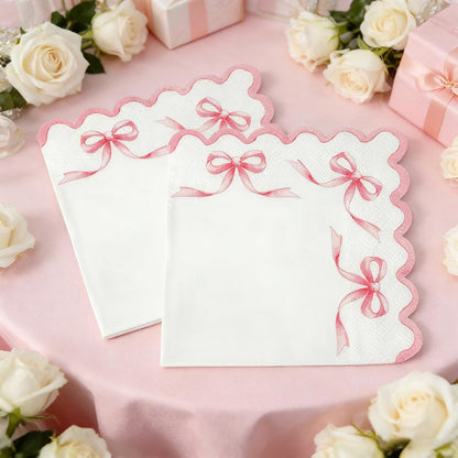 2-Ply Coquette Pink Bow Napkins, 6.5" Scalloped 50 Pack, Pink Bow Disposable Paper Napkins for Baby Shower, Birthday, Baptism, Bridal Shower, Graduation, Pink Bow Themed Party Table Decorations