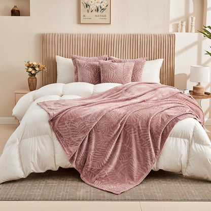 SOCHOW Super Soft Flannel Fleece Throw Blanket for Women, Lightweight Cozy Warm Leaves Textured Plush Blanket for Bed Couch Sofa, 50 x 60 Inches, Dusty Rose