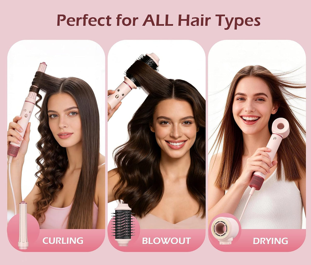 High-Speed Hair Dryer Brush, 3-in-1 Hot Air Styler with Dual-Direction Auto-Wrap Curler, 720 Million Ionic Blow Dryer Brush Fast Drying & Frizz-Free Styling,Includes Travel Bag, Pink