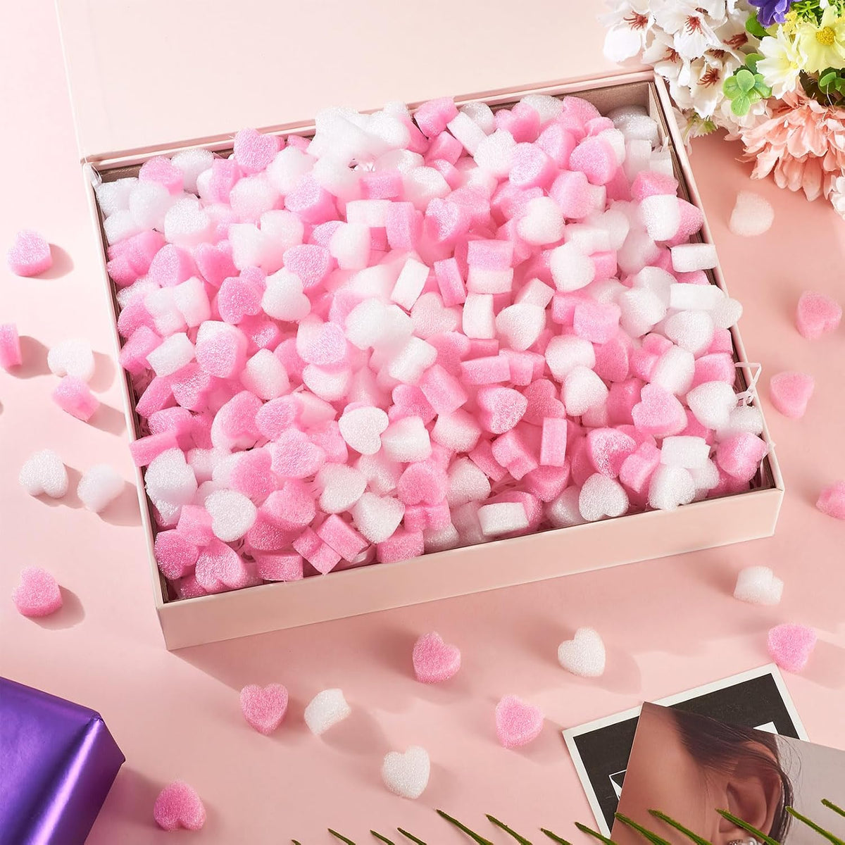 Beadthoven 300Pcs Valentine Gift Box Fillers Shreds Mini Heart Foam Beads Pink White Gift Baskets Fillers Box Stuffing Balls for Wedding Holiday Bridal Shower Craft Packing DIY Decoration Supplies