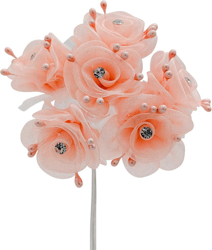 72PC Artificial Organza Rhinestone Craft Flower for Home Craft Decor DIY Wedding Bridal Veil Headband Dress Cake Topper Embellishment Scrapbook Favor Corsage Floral Bouquet Arrangement (Peach)