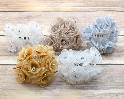 72PC Artificial Organza Rhinestone Craft Flower for Home Craft Decor DIY Wedding Bridal Veil Headband Dress Cake Topper Embellishment Scrapbook Favor Corsage Floral Bouquet Arrangement (Peach)