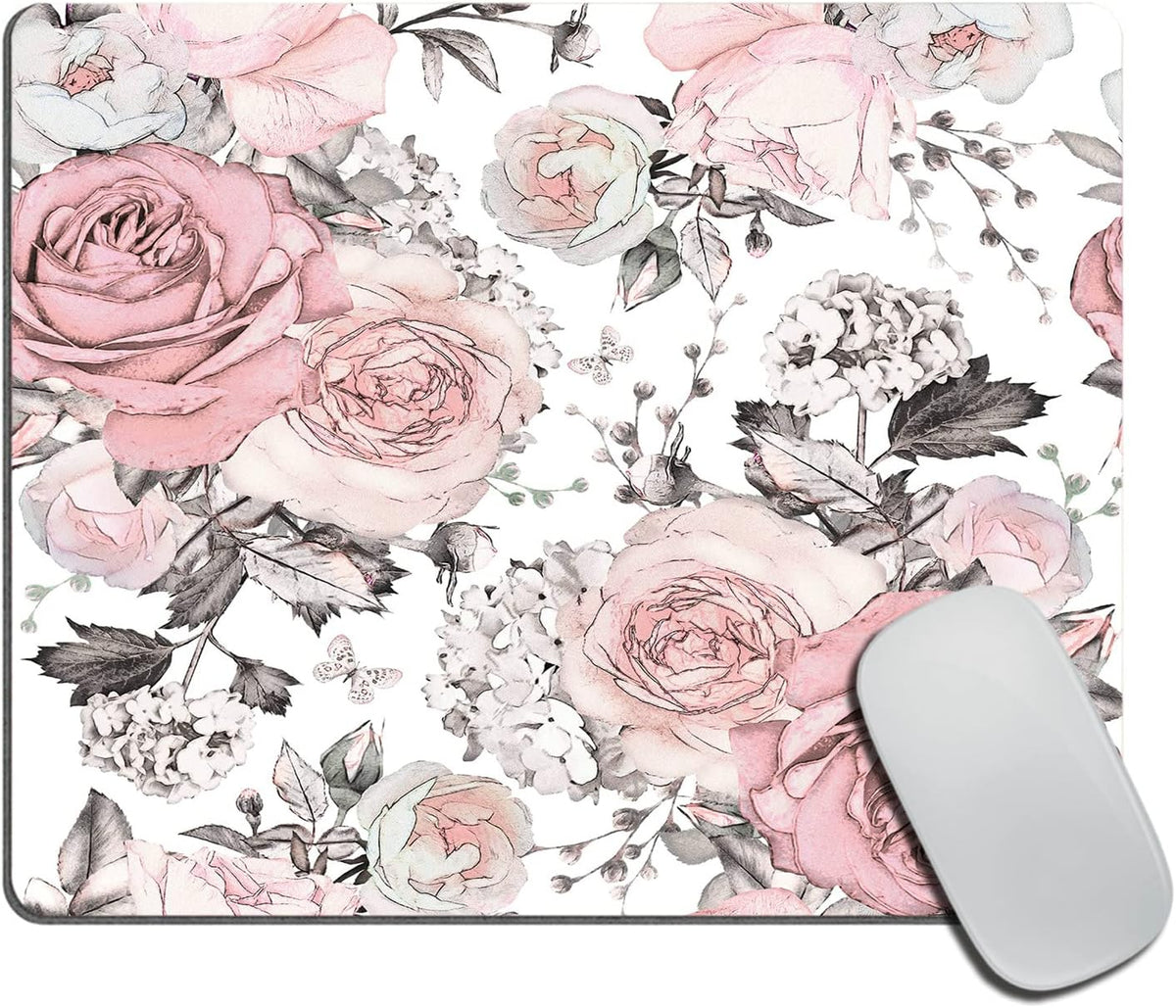 Pink Flowers and Leaves Mouse pad Custom, Retro Spring Floral Branch Rose in Pastel Color Gray Personality Desings Gaming Mouse Pad 9.5"x7.9"x0.12" Inch