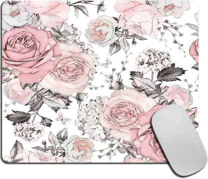 Pink Flowers and Leaves Mouse pad Custom, Retro Spring Floral Branch Rose in Pastel Color Gray Personality Desings Gaming Mouse Pad 9.5"x7.9"x0.12" Inch