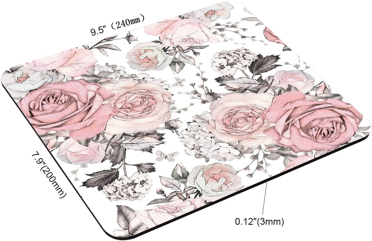 Pink Flowers and Leaves Mouse pad Custom, Retro Spring Floral Branch Rose in Pastel Color Gray Personality Desings Gaming Mouse Pad 9.5"x7.9"x0.12" Inch