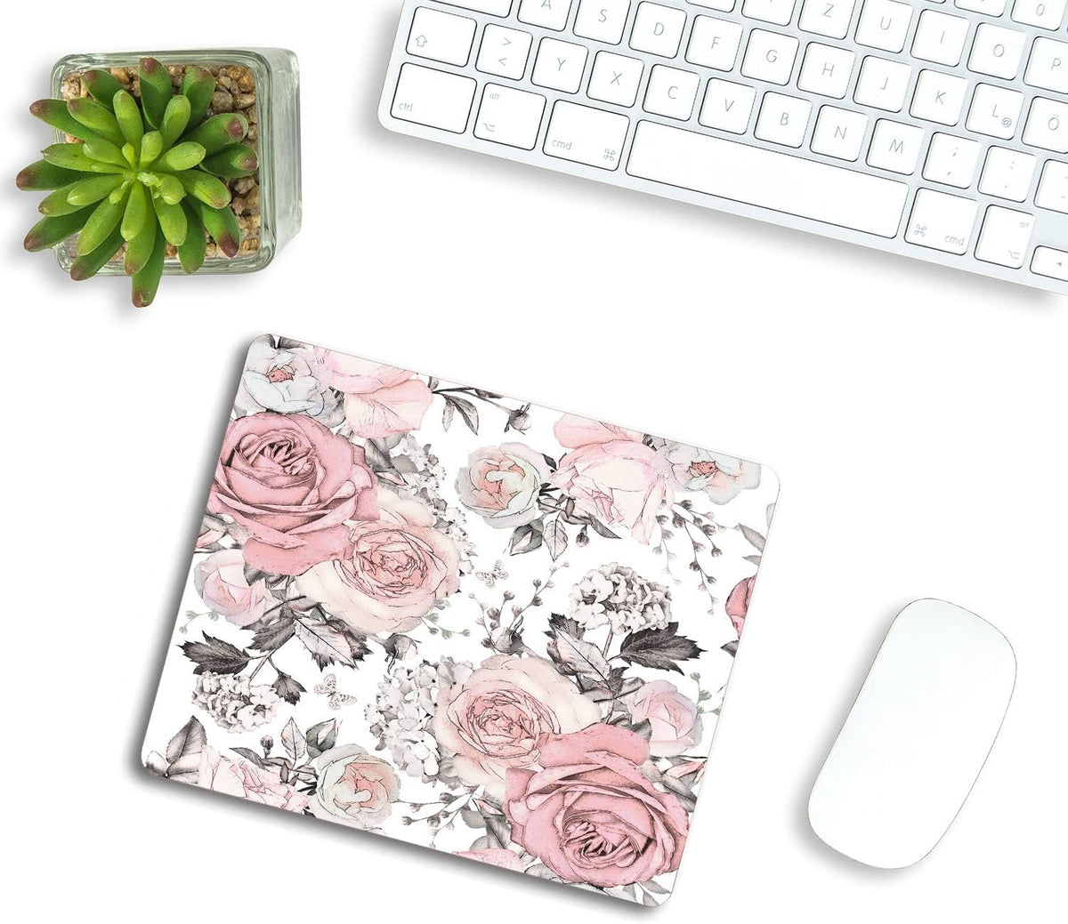 Pink Flowers and Leaves Mouse pad Custom, Retro Spring Floral Branch Rose in Pastel Color Gray Personality Desings Gaming Mouse Pad 9.5"x7.9"x0.12" Inch