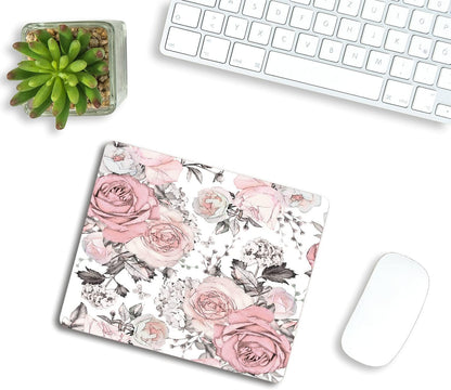 Pink Flowers and Leaves Mouse pad Custom, Retro Spring Floral Branch Rose in Pastel Color Gray Personality Desings Gaming Mouse Pad 9.5"x7.9"x0.12" Inch