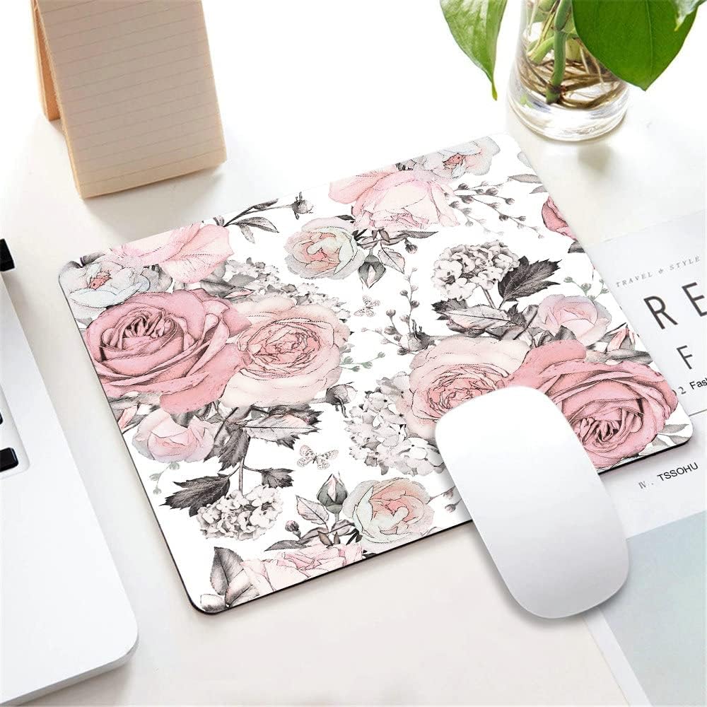 Pink Flowers and Leaves Mouse pad Custom, Retro Spring Floral Branch Rose in Pastel Color Gray Personality Desings Gaming Mouse Pad 9.5"x7.9"x0.12" Inch