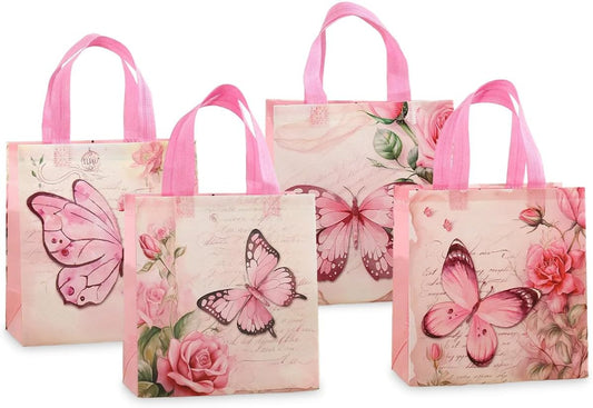 Pink Butterfly Gift Bags 12 Pack, 4 Assorted Floral & Butterfly Designs Reusable Non-Woven Tote Bags for Girls, Party Favors, Goodie Bags for Mother's Day,Birthday, Baby Shower, Bridal Shower