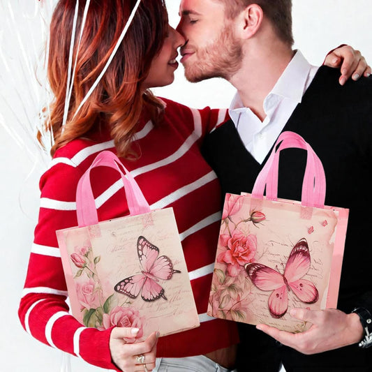 Pink Butterfly Gift Bags 12 Pack, 4 Assorted Floral & Butterfly Designs Reusable Non-Woven Tote Bags for Girls, Party Favors, Goodie Bags for Mother's Day,Birthday, Baby Shower, Bridal Shower