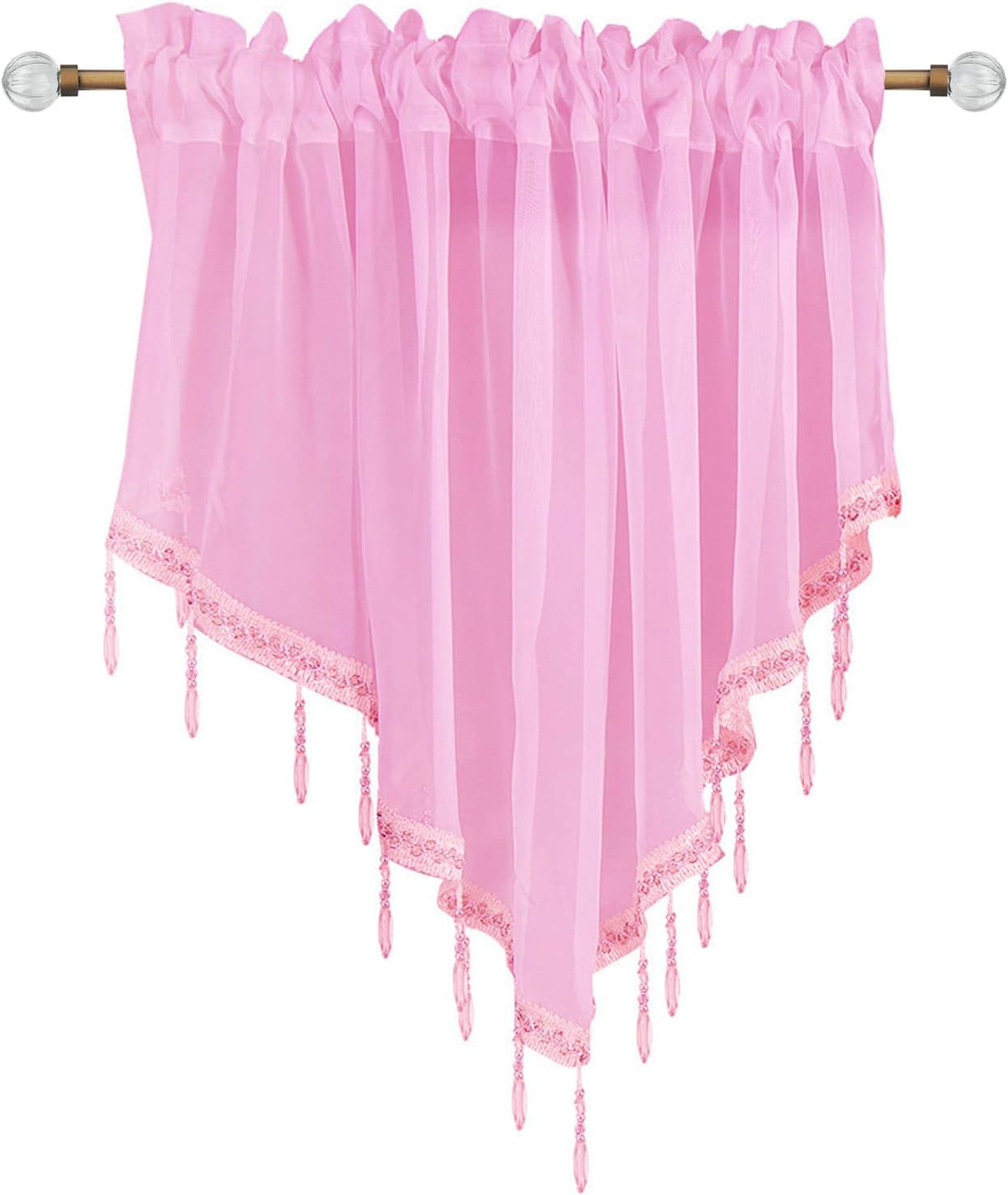 Beaded Sheer Windows Valance 51.1 in W x 23.6 in L, Scalloped Kitchen Curtain, Bathroom Swag Sheer with Rod Pocket, Short Valance Drape for Bedroom Living Room (Light Pink)