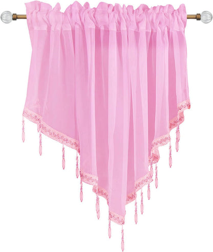 Beaded Sheer Windows Valance 51.1 in W x 23.6 in L, Scalloped Kitchen Curtain, Bathroom Swag Sheer with Rod Pocket, Short Valance Drape for Bedroom Living Room (Light Pink)