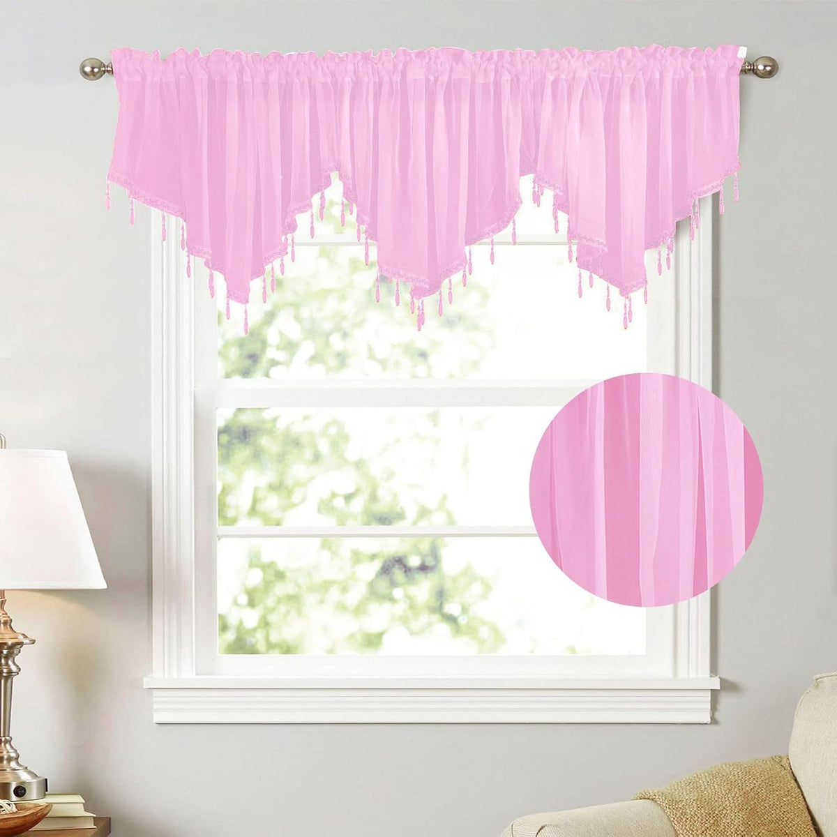 Beaded Sheer Windows Valance 51.1 in W x 23.6 in L, Scalloped Kitchen Curtain, Bathroom Swag Sheer with Rod Pocket, Short Valance Drape for Bedroom Living Room (Light Pink)