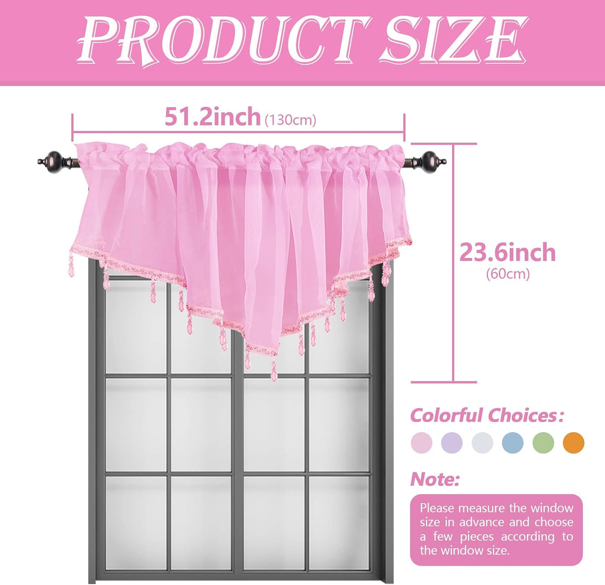 Beaded Sheer Windows Valance 51.1 in W x 23.6 in L, Scalloped Kitchen Curtain, Bathroom Swag Sheer with Rod Pocket, Short Valance Drape for Bedroom Living Room (Light Pink)