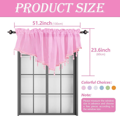Beaded Sheer Windows Valance 51.1 in W x 23.6 in L, Scalloped Kitchen Curtain, Bathroom Swag Sheer with Rod Pocket, Short Valance Drape for Bedroom Living Room (Light Pink)