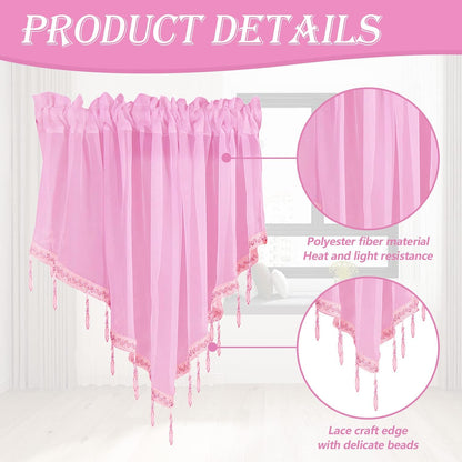 Beaded Sheer Windows Valance 51.1 in W x 23.6 in L, Scalloped Kitchen Curtain, Bathroom Swag Sheer with Rod Pocket, Short Valance Drape for Bedroom Living Room (Light Pink)