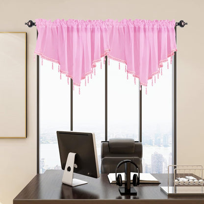 Beaded Sheer Windows Valance 51.1 in W x 23.6 in L, Scalloped Kitchen Curtain, Bathroom Swag Sheer with Rod Pocket, Short Valance Drape for Bedroom Living Room (Light Pink)