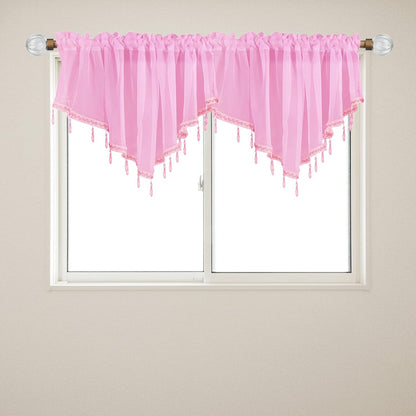 Beaded Sheer Windows Valance 51.1 in W x 23.6 in L, Scalloped Kitchen Curtain, Bathroom Swag Sheer with Rod Pocket, Short Valance Drape for Bedroom Living Room (Light Pink)