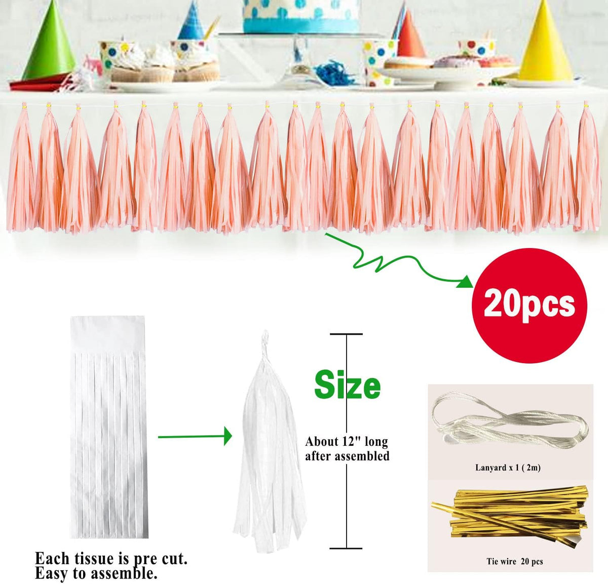 Peach Tassel Garland 20 Pcs, Tissue Paper Tassels Garland Banner for Party Birthday Wedding Decoration Supplies Table Decor Balloon Tails