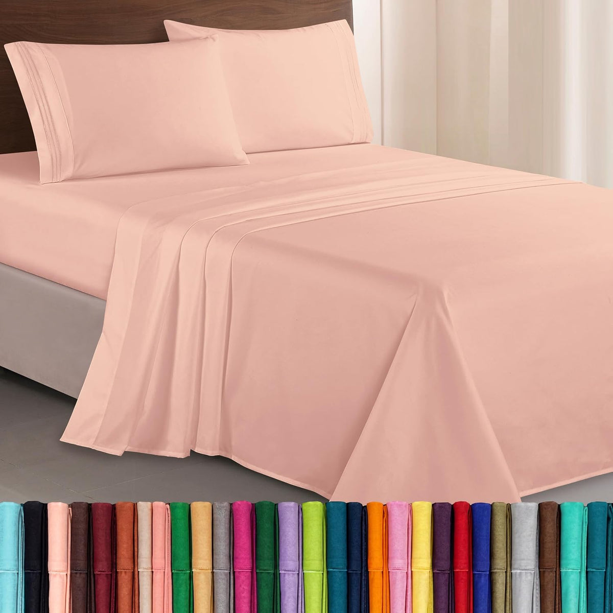 Luxurious 1500 Premium Hotel Quality Microfiber Three Line Embroidered Softest 4-Piece Bed Sheet Set, Wrinkle and Fade Resistant, California King, Blush Pink