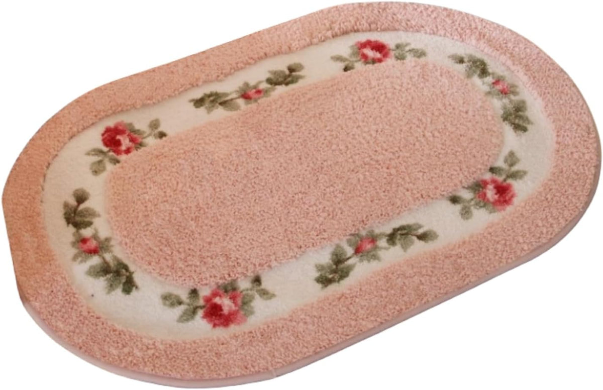 Pretty Floral Rural Style Rug, Soft Non-Slip Embroidered Oval Doormat Floor Mat Bath Mat, Bathroom Shower Rug Bedroom Living Room Carpet (15.7x23.6inches, Pink)