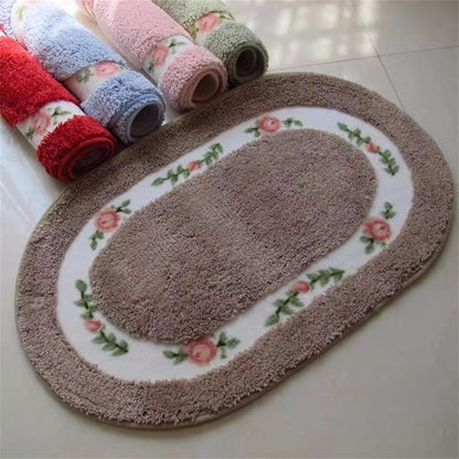 Pretty Floral Rural Style Rug, Soft Non-Slip Embroidered Oval Doormat Floor Mat Bath Mat, Bathroom Shower Rug Bedroom Living Room Carpet (15.7x23.6inches, Pink)