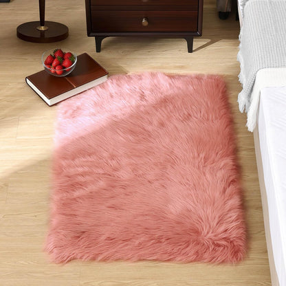 Pink Fluffy Fur Rug Fuzzy Furry Faux Sheepskin Pink Carpet 2x3 for Girls Bedroom Bedside Playroom Small Decor Cute Plush Washable Rectangle