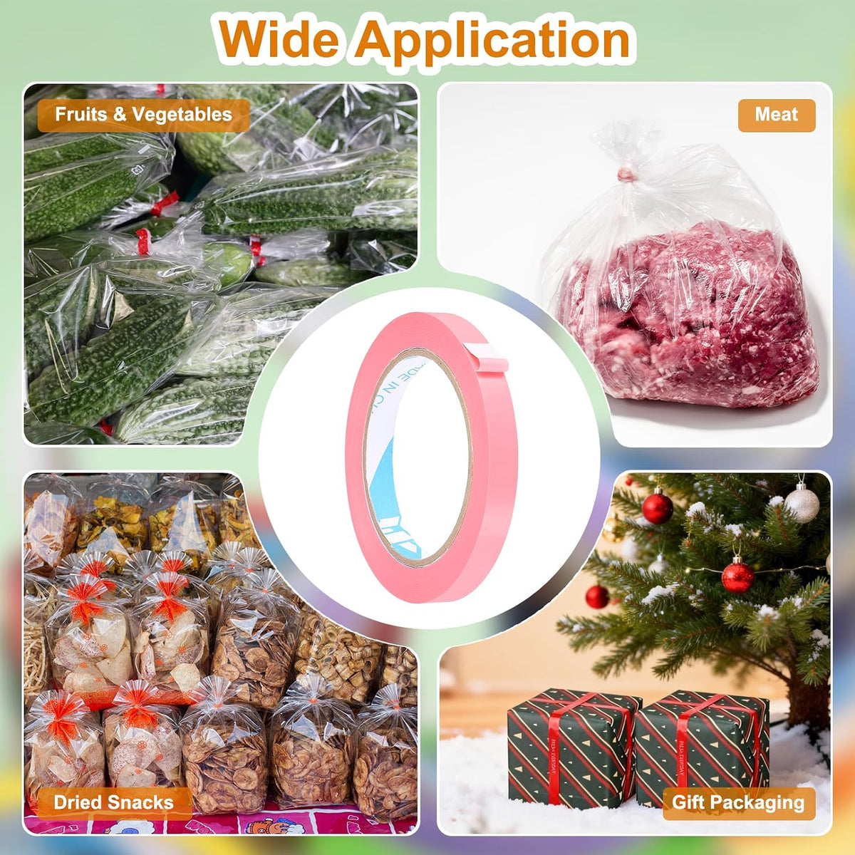 10 Pcs Poly Bag Sealing Tape, 1/2" x 100 Yard Plastic Bag Sealer Tape Packaging Sealing for Shops Packaging Food Vegetable Meat Cake Bread Freezer Ice, Pink