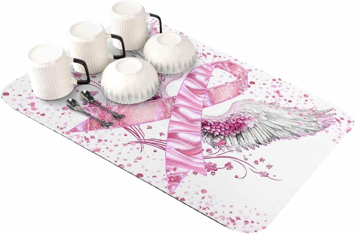 Pink Ribbon Wings Dish Drying Mat for Kitchen Counter, Absorbent Quick Dry Coffee Bar Mat Pad Thin Diatomaceous Sink Mats, Bows Flowers Love Heart Abstract Non Slip Dish Drainer Mats 12''x16''