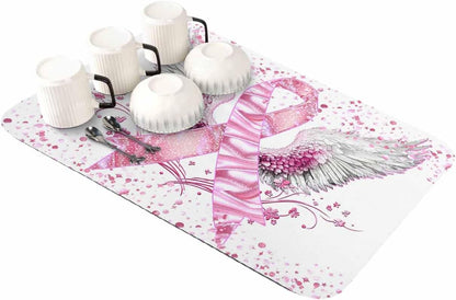 Pink Ribbon Wings Dish Drying Mat for Kitchen Counter, Absorbent Quick Dry Coffee Bar Mat Pad Thin Diatomaceous Sink Mats, Bows Flowers Love Heart Abstract Non Slip Dish Drainer Mats 12''x16''