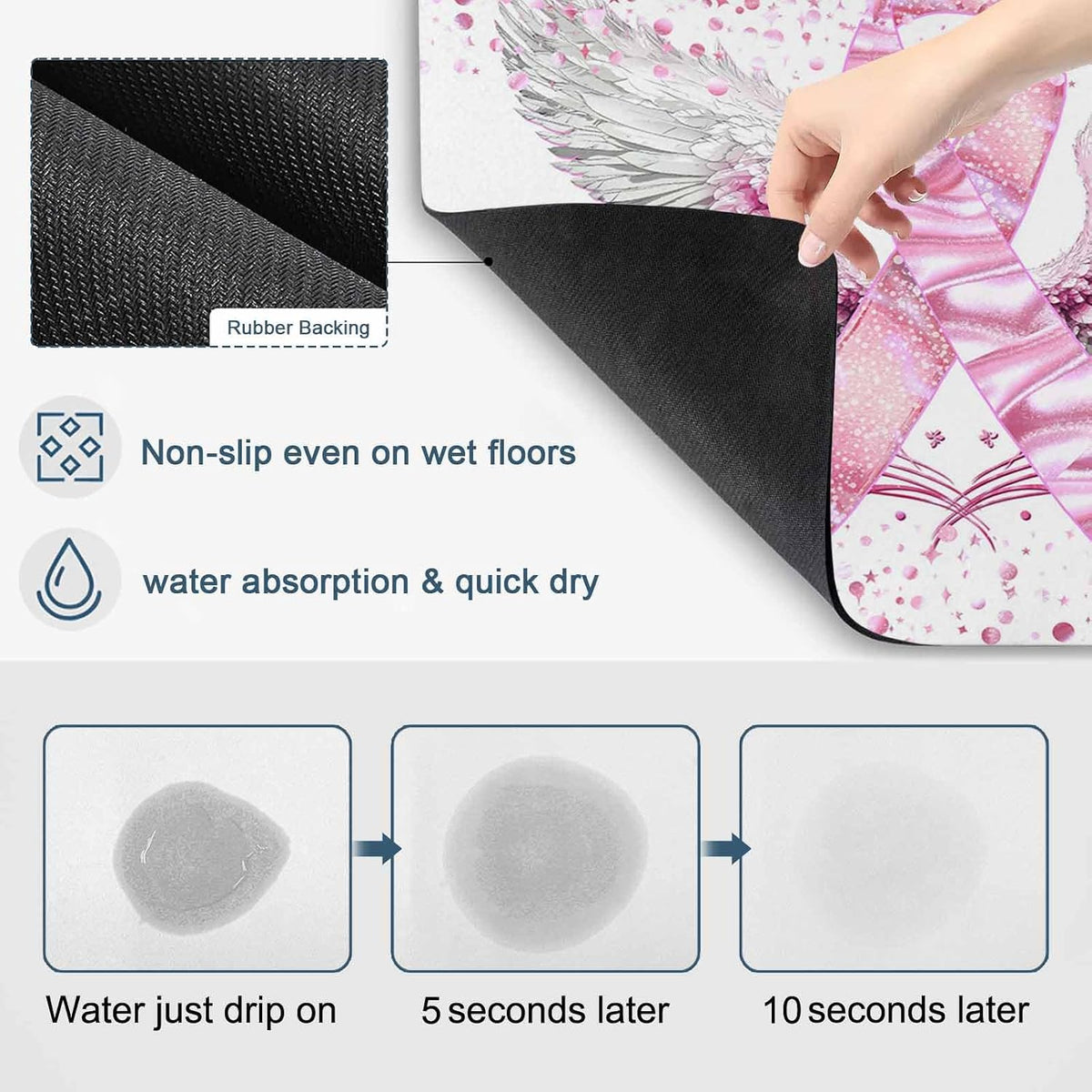 Pink Ribbon Wings Dish Drying Mat for Kitchen Counter, Absorbent Quick Dry Coffee Bar Mat Pad Thin Diatomaceous Sink Mats, Bows Flowers Love Heart Abstract Non Slip Dish Drainer Mats 12''x16''