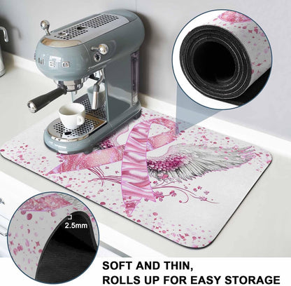 Pink Ribbon Wings Dish Drying Mat for Kitchen Counter, Absorbent Quick Dry Coffee Bar Mat Pad Thin Diatomaceous Sink Mats, Bows Flowers Love Heart Abstract Non Slip Dish Drainer Mats 12''x16''