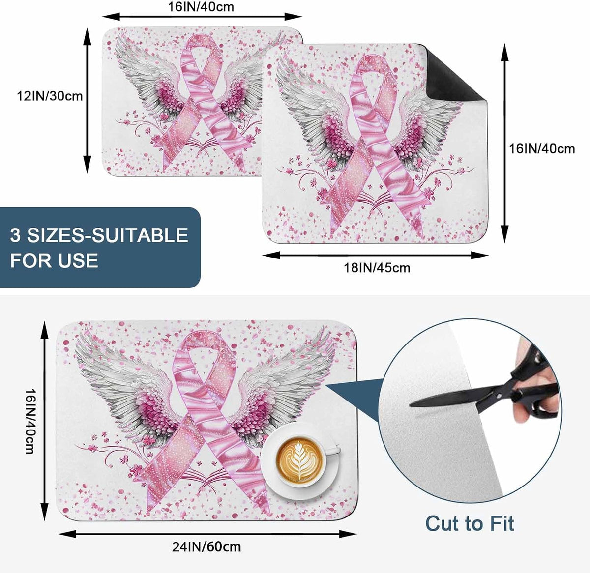 Pink Ribbon Wings Dish Drying Mat for Kitchen Counter, Absorbent Quick Dry Coffee Bar Mat Pad Thin Diatomaceous Sink Mats, Bows Flowers Love Heart Abstract Non Slip Dish Drainer Mats 12''x16''