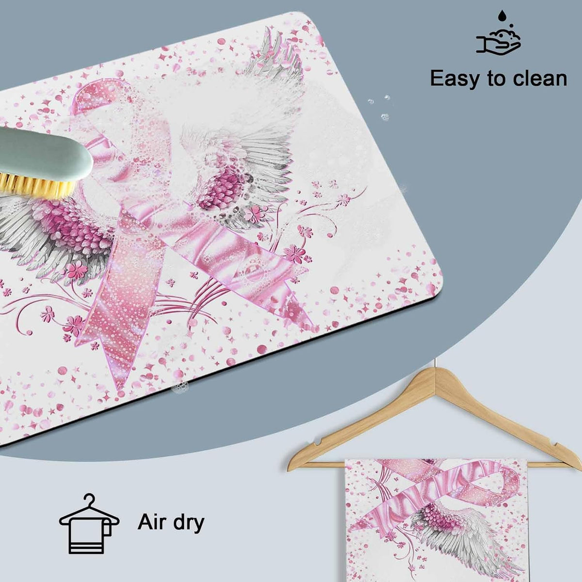 Pink Ribbon Wings Dish Drying Mat for Kitchen Counter, Absorbent Quick Dry Coffee Bar Mat Pad Thin Diatomaceous Sink Mats, Bows Flowers Love Heart Abstract Non Slip Dish Drainer Mats 12''x16''