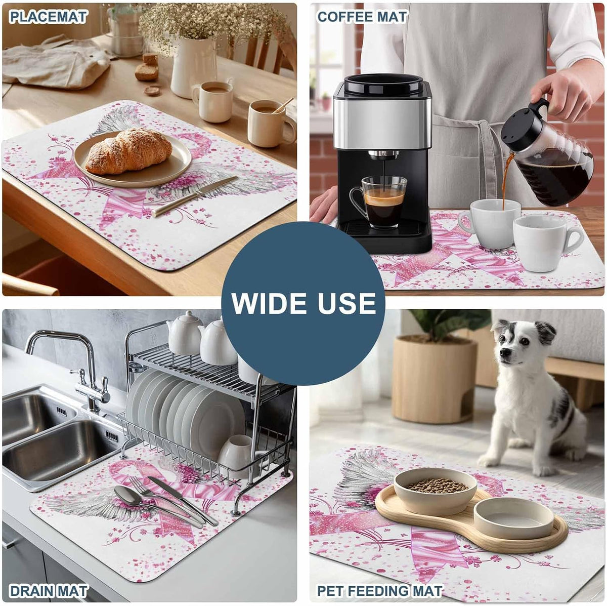 Pink Ribbon Wings Dish Drying Mat for Kitchen Counter, Absorbent Quick Dry Coffee Bar Mat Pad Thin Diatomaceous Sink Mats, Bows Flowers Love Heart Abstract Non Slip Dish Drainer Mats 12''x16''