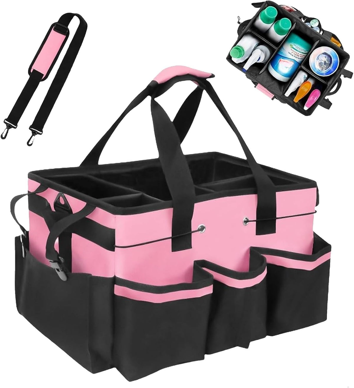 Multi - Purpose Cleaning Tool Organizer Tote Bag, Large Capacity with Adjustable Compartments, Portable Hand Strap & Adjustable Shoulder Strap for Cleaning, Gardening, Car Organization (Pink)