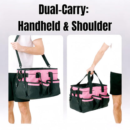 Multi - Purpose Cleaning Tool Organizer Tote Bag, Large Capacity with Adjustable Compartments, Portable Hand Strap & Adjustable Shoulder Strap for Cleaning, Gardening, Car Organization (Pink)