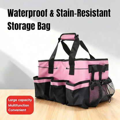 Multi - Purpose Cleaning Tool Organizer Tote Bag, Large Capacity with Adjustable Compartments, Portable Hand Strap & Adjustable Shoulder Strap for Cleaning, Gardening, Car Organization (Pink)