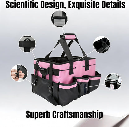 Multi - Purpose Cleaning Tool Organizer Tote Bag, Large Capacity with Adjustable Compartments, Portable Hand Strap & Adjustable Shoulder Strap for Cleaning, Gardening, Car Organization (Pink)