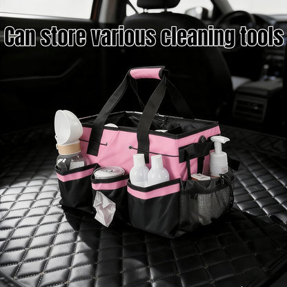 Multi - Purpose Cleaning Tool Organizer Tote Bag, Large Capacity with Adjustable Compartments, Portable Hand Strap & Adjustable Shoulder Strap for Cleaning, Gardening, Car Organization (Pink)