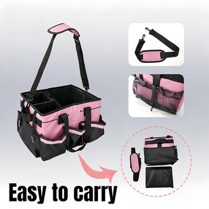 Multi - Purpose Cleaning Tool Organizer Tote Bag, Large Capacity with Adjustable Compartments, Portable Hand Strap & Adjustable Shoulder Strap for Cleaning, Gardening, Car Organization (Pink)