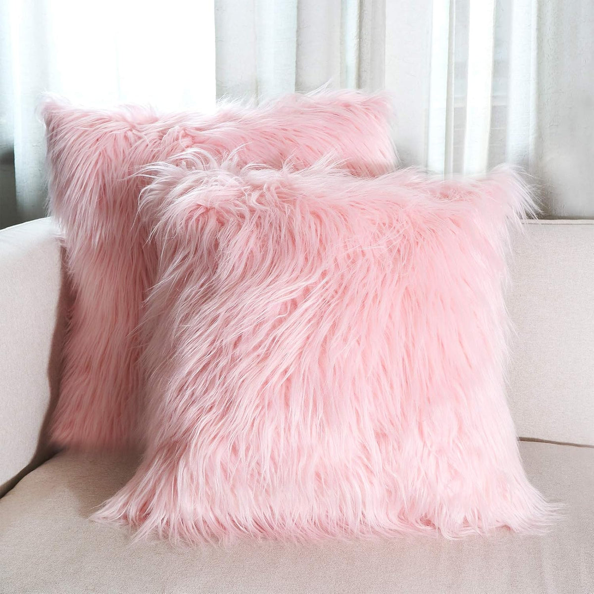 Faux Fur Throw Pillow Covers 18x18 Inch Home Decor Luxury Long Fur Mongolian Soft Square Cushion Cover 100% Polyester Floor Pillowcase for Couch 45x45cm, Pink, 2 Pieces