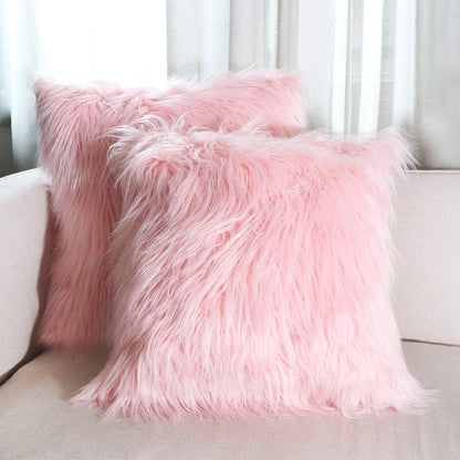 Faux Fur Throw Pillow Covers 18x18 Inch Home Decor Luxury Long Fur Mongolian Soft Square Cushion Cover 100% Polyester Floor Pillowcase for Couch 45x45cm, Pink, 2 Pieces