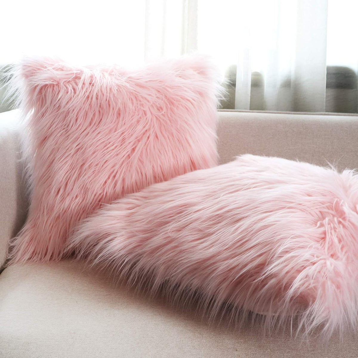 Faux Fur Throw Pillow Covers 18x18 Inch Home Decor Luxury Long Fur Mongolian Soft Square Cushion Cover 100% Polyester Floor Pillowcase for Couch 45x45cm, Pink, 2 Pieces