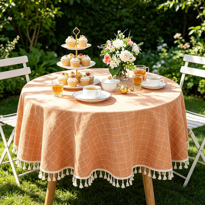 55" Round Cotton Tablecloth Coral Gingham Table Cloth Linen