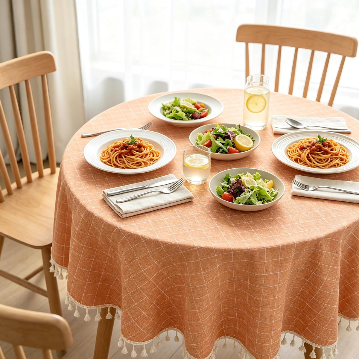 55" Round Cotton Tablecloth Coral Gingham Table Cloth Linen