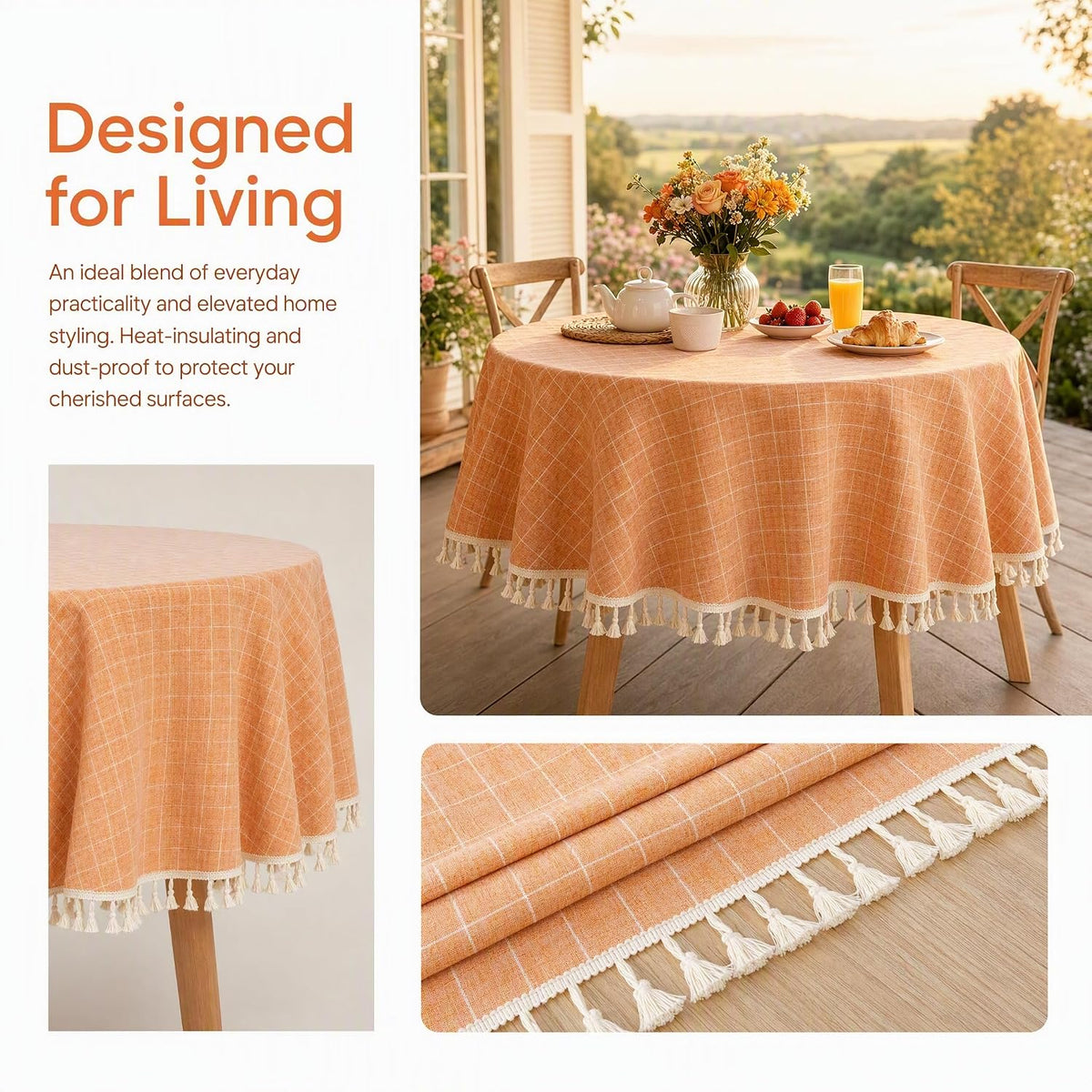 55" Round Cotton Tablecloth Coral Gingham Table Cloth Linen