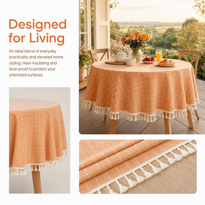 55" Round Cotton Tablecloth Coral Gingham Table Cloth Linen