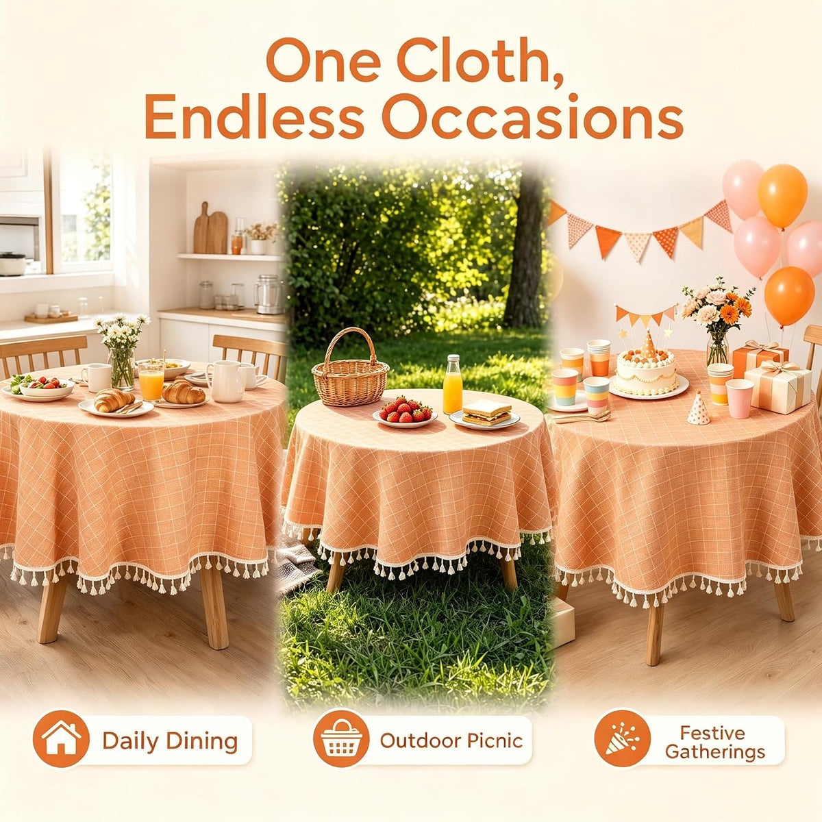 55" Round Cotton Tablecloth Coral Gingham Table Cloth Linen