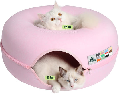 Peekaboo Cat Cave Donut for Multiple & Large Cats up to 30-45 lbs, 3-in-1 Self Warming Cat Bed, Tunnel & Scratcher for Indoor Cats, Washable & Detachable Small Dog Bed (Pink, Large)